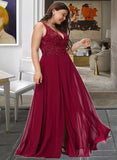 Aubree A-Line V-neck Floor-Length Chiffon Bridesmaid Dress With Lace Sequins Split Front STKP0012830