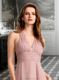 Elizabeth A-Line V-neck Asymmetrical Bridesmaid Dress With Split Front STKP0012833