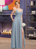 Itzel A-Line V-neck Floor-Length Chiffon Bridesmaid Dress With Ruffle Pockets STKP0012834