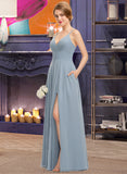 Itzel A-Line V-neck Floor-Length Chiffon Bridesmaid Dress With Ruffle Pockets STKP0012834