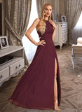 Jane A-Line High Neck Floor-Length Bridesmaid Dress With Split Front STKP0012838