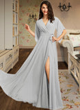 Jada A-Line V-neck Floor-Length Bridesmaid Dress With Ruffle Split Front STKP0012844