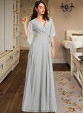 Jada A-Line V-neck Floor-Length Bridesmaid Dress With Ruffle Split Front STKP0012844