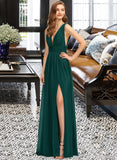 Sherry A-Line V-neck Floor-Length Chiffon Bridesmaid Dress With Split Front STKP0012847