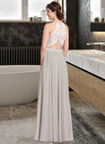 Talia A-Line Scoop Neck Floor-Length Chiffon Lace Bridesmaid Dress STKP0012848