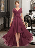 Kianna A-Line V-neck Asymmetrical Chiffon Lace Bridesmaid Dress With Ruffle STKP0012850