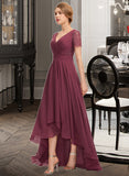 Kianna A-Line V-neck Asymmetrical Chiffon Lace Bridesmaid Dress With Ruffle STKP0012850