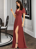 Sandy A-Line V-neck Floor-Length Bridesmaid Dress With Split Front STKP0012856