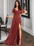 Sandy A-Line V-neck Floor-Length Bridesmaid Dress With Split Front STKP0012856