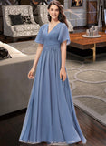 Aubree A-line V-Neck Floor-Length Chiffon Bridesmaid Dress With Ruffle STKP0012857