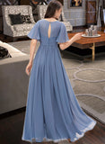 Aubree A-line V-Neck Floor-Length Chiffon Bridesmaid Dress With Ruffle STKP0012857