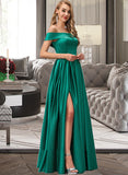 Phoenix Ball-Gown/Princess Off-the-Shoulder Floor-Length Satin Bridesmaid Dress With Split Front Pockets STKP0012866