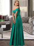 Phoenix Ball-Gown/Princess Off-the-Shoulder Floor-Length Satin Bridesmaid Dress With Split Front Pockets STKP0012866