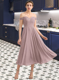 Viv A-Line Off-the-Shoulder Tea-Length Chiffon Lace Bridesmaid Dress With Beading Sequins STKP0012867