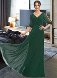 Aimee A-Line V-neck Floor-Length Bridesmaid Dress With Ruffle STKP0012870