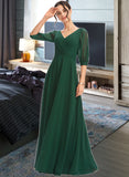 Aimee A-Line V-neck Floor-Length Bridesmaid Dress With Ruffle STKP0012870