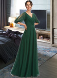 Aimee A-Line V-neck Floor-Length Bridesmaid Dress With Ruffle STKP0012870