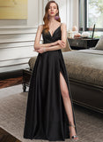 Esmeralda A-Line V-neck Floor-Length Satin Bridesmaid Dress With Ruffle Split Front STKP0012872