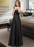 Esmeralda A-Line V-neck Floor-Length Satin Bridesmaid Dress With Ruffle Split Front STKP0012872