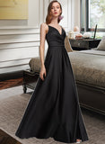 Esmeralda A-Line V-neck Floor-Length Satin Bridesmaid Dress With Ruffle Split Front STKP0012872