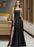 Tracy A-Line Square Neckline Floor-Length Satin Bridesmaid Dress With Split Front Pockets STKP0012879