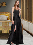 Tracy A-Line Square Neckline Floor-Length Satin Bridesmaid Dress With Split Front Pockets STKP0012879