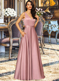 Joanne Ball-Gown/Princess V-neck Floor-Length Satin Bridesmaid Dress With Pockets STKP0012880