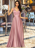 Joanne Ball-Gown/Princess V-neck Floor-Length Satin Bridesmaid Dress With Pockets STKP0012880