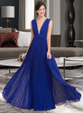 Sloane A-Line V-neck Floor-Length Chiffon Bridesmaid Dress With Bow(s) Pleated STKP0012882