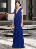 Sloane A-Line V-neck Floor-Length Chiffon Bridesmaid Dress With Bow(s) Pleated STKP0012882