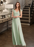 Aisha A-Line V-neck Floor-Length Bridesmaid Dress With Split Front STKP0012883