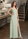 Aisha A-Line V-neck Floor-Length Bridesmaid Dress With Split Front STKP0012883