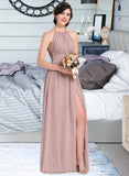 Karma A-Line Scoop Neck Floor-Length Chiffon Bridesmaid Dress With Ruffle Bow(s) Split Front STKP0012886