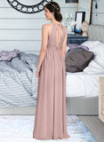 Karma A-Line Scoop Neck Floor-Length Chiffon Bridesmaid Dress With Ruffle Bow(s) Split Front STKP0012886