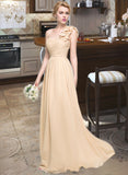 Audrey A-Line One-Shoulder Floor-Length Chiffon Bridesmaid Dress With Ruffle Flower(s) STKP0012887