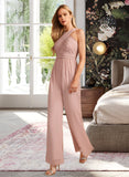 Alannah Jumpsuit/Pantsuit High Neck Floor-Length Bridesmaid Dress With Pleated STKP0012888