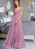 Roselyn A-Line V-neck Floor-Length Chiffon Bridesmaid Dress With Split Front STKP0012890