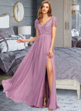 Roselyn A-Line V-neck Floor-Length Chiffon Bridesmaid Dress With Split Front STKP0012890