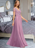 Roselyn A-Line V-neck Floor-Length Chiffon Bridesmaid Dress With Split Front STKP0012890