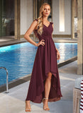 Kimberly A-Line V-neck Asymmetrical Bridesmaid Dress With Ruffle STKP0012893