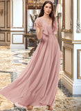 Miley A-Line V-neck Floor-Length Chiffon Bridesmaid Dress With Split Front STKP0012903