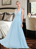 Donna A-line Halter Floor-Length Chiffon Bridesmaid Dress With Ruffle STKP0012905