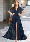 Aria A-Line V-neck Floor-Length Chiffon Bridesmaid Dress With Split Front STKP0012909