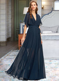 Aria A-Line V-neck Floor-Length Chiffon Bridesmaid Dress With Split Front STKP0012909