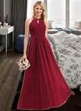 Isis A-Line Scoop Neck Floor-Length Chiffon Lace Bridesmaid Dress STKP0012918