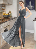 Emilia A-Line V-neck Floor-Length Bridesmaid Dress With Ruffle Beading Split Front STKP0012926