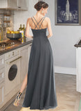 Emilia A-Line V-neck Floor-Length Bridesmaid Dress With Ruffle Beading Split Front STKP0012926