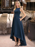 Jaslene A-Line Scoop Neck Asymmetrical Satin Bridesmaid Dress With Pockets STKP0012932