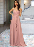 Audrey A-Line V-neck Floor-Length Chiffon Bridesmaid Dress With Ruffle Split Front STKP0012936