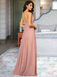 Audrey A-Line V-neck Floor-Length Chiffon Bridesmaid Dress With Ruffle Split Front STKP0012936